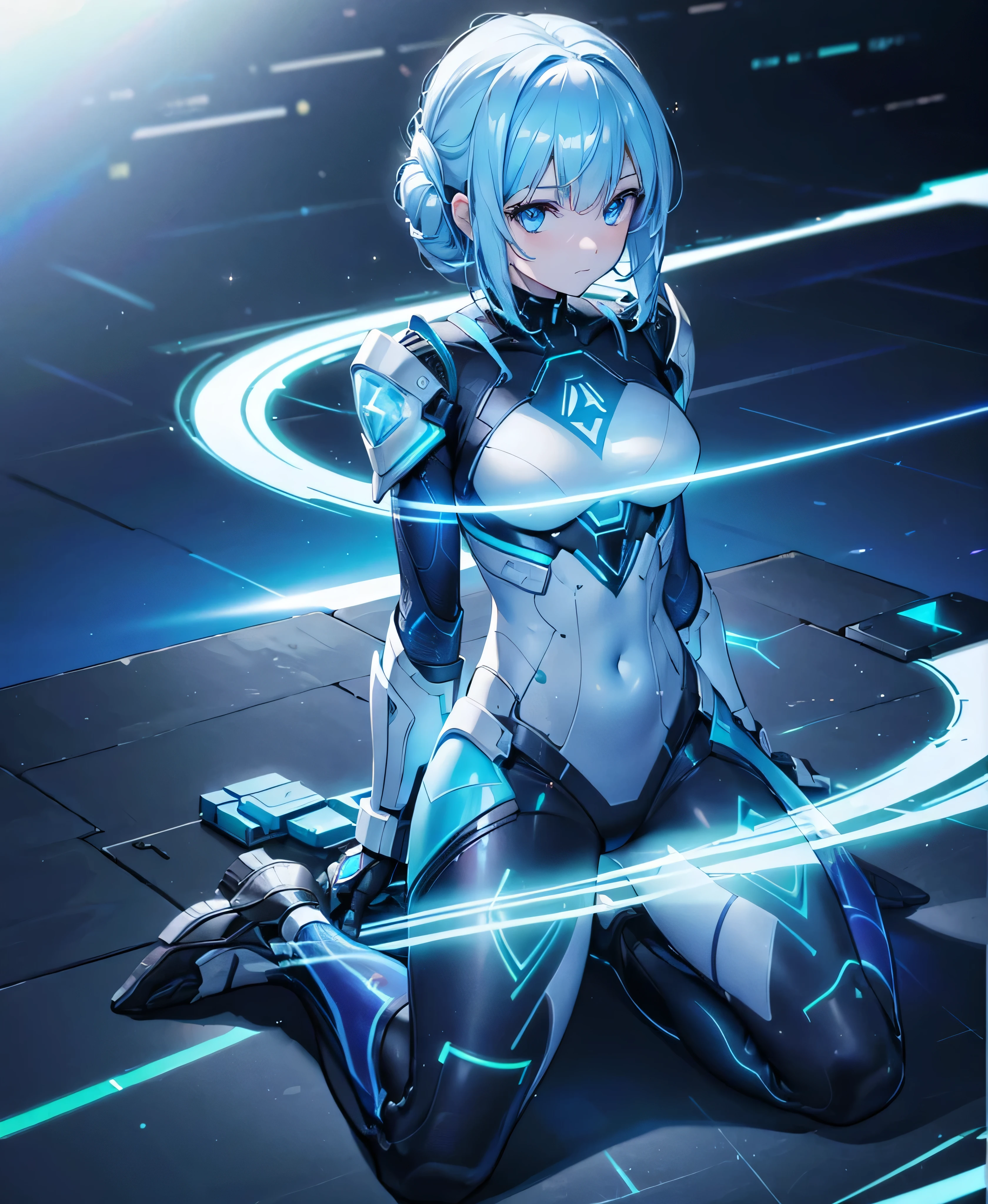 ((Holographic glow effect)),8k, Highest quality, (real:1.4), Original photo, 1 girl, Asari Hair, Biological Amplifier, refined armor, posture: Peace talks between warring factions, smart blue eyes,whole body