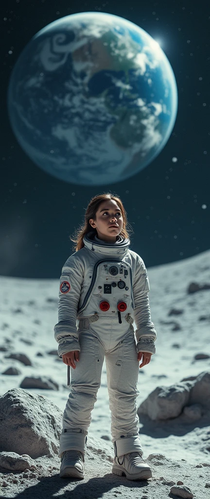 a woman standing on the moon, looking at the earth in the distance, detailed face, beautiful detailed eyes, beautiful detailed lips, extremely detailed skin, extremely detailed dress, an astronaut suit, detailed machinery on the moon surface, dramatic lighting, cinematic composition, vibrant colors, glowing earth, hyperrealistic, 8k, award winning, highly detailed, photorealistic, dramatic lighting, cinematic composition