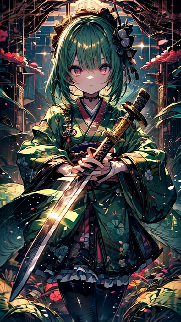 (Yamata no Orochi personified))) (Beautiful trainee), Snake print tights, (((Japanese style gothic ta))) (Dark green hair), ( (Holding a Japanese sword Novl AI))刀なで戦う