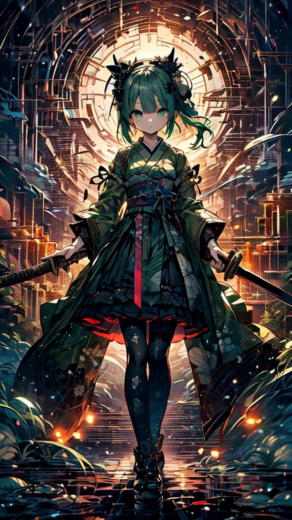(Yamata no Orochi personified))) (Beautiful trainee), Snake print tights, (((Japanese style gothic lolita))) (Dark green hair), ( (Holding a Japanese sword Novl AI))刀なで戦う
