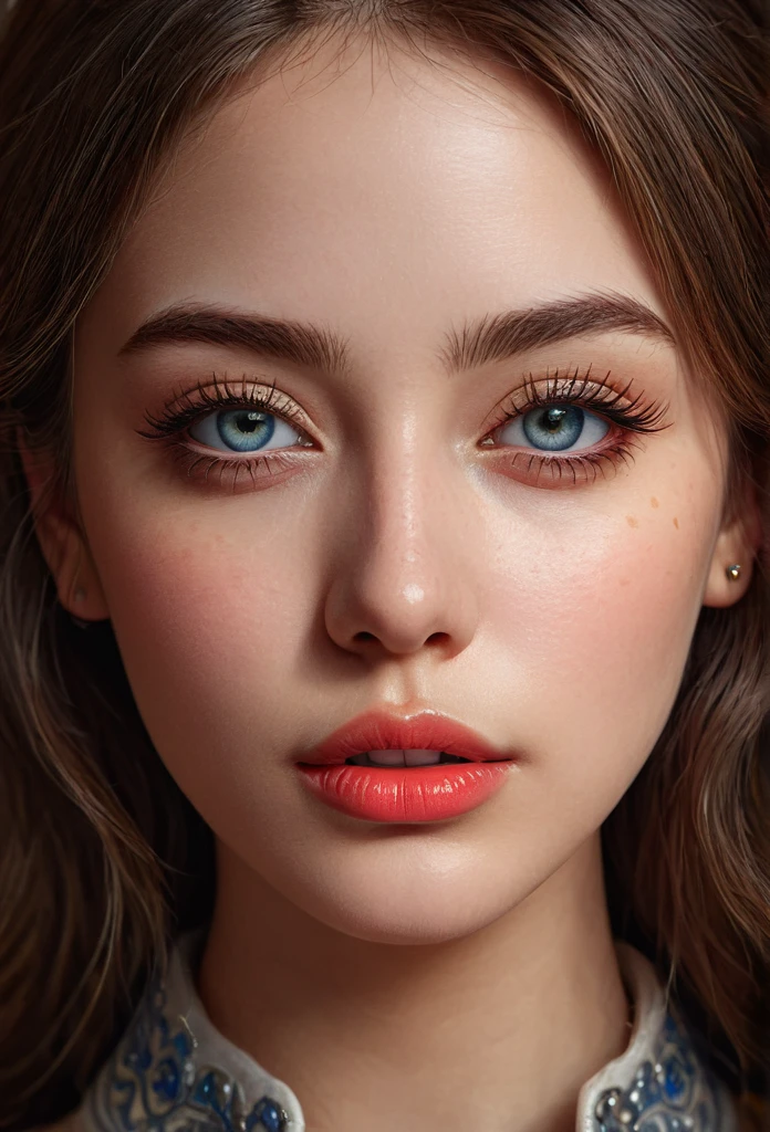 A detailed, realistic, high-quality portrait of a young woman with beautiful, detailed eyes, a beautiful, detailed nose, and beautiful, detailed lips, wearing a stylish outfit, in a photorealistic, masterpiece-quality illustration, with vivid colors, HDR lighting, and a cinematic, moody atmosphere, with a focus on photographic realism and intricate details.