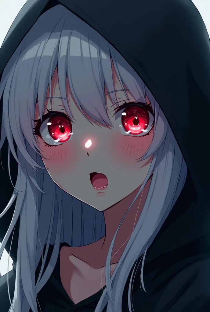 Anime girl with long white hair and red eyes wearing a black hoodie looking horror and surprised 