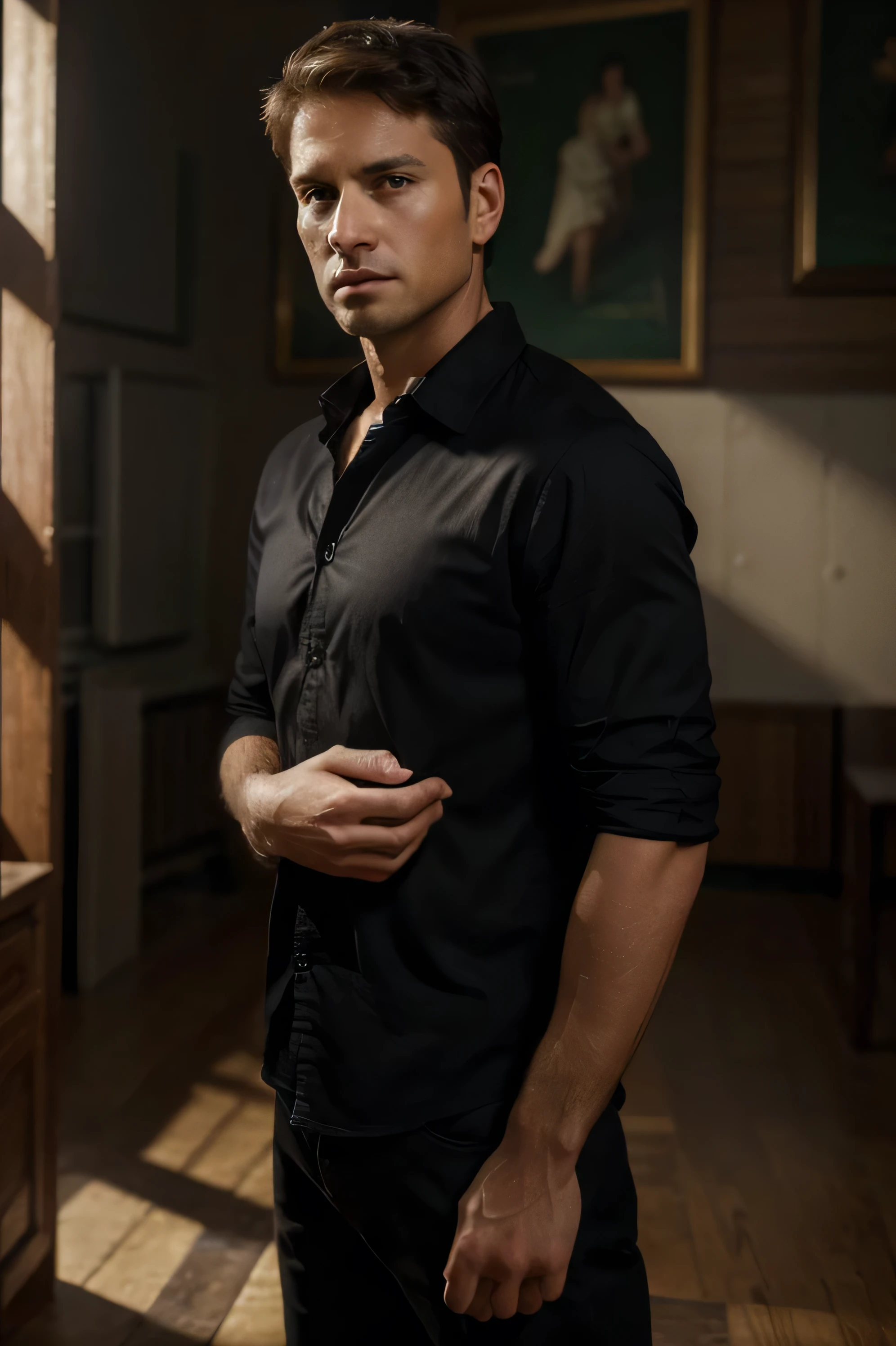 best quality, ultra high res, (photorealistic:1.4), masterpiece, blurry background,indoors,1boy,40 years old,standing ,(looking at viewer), black shirt,