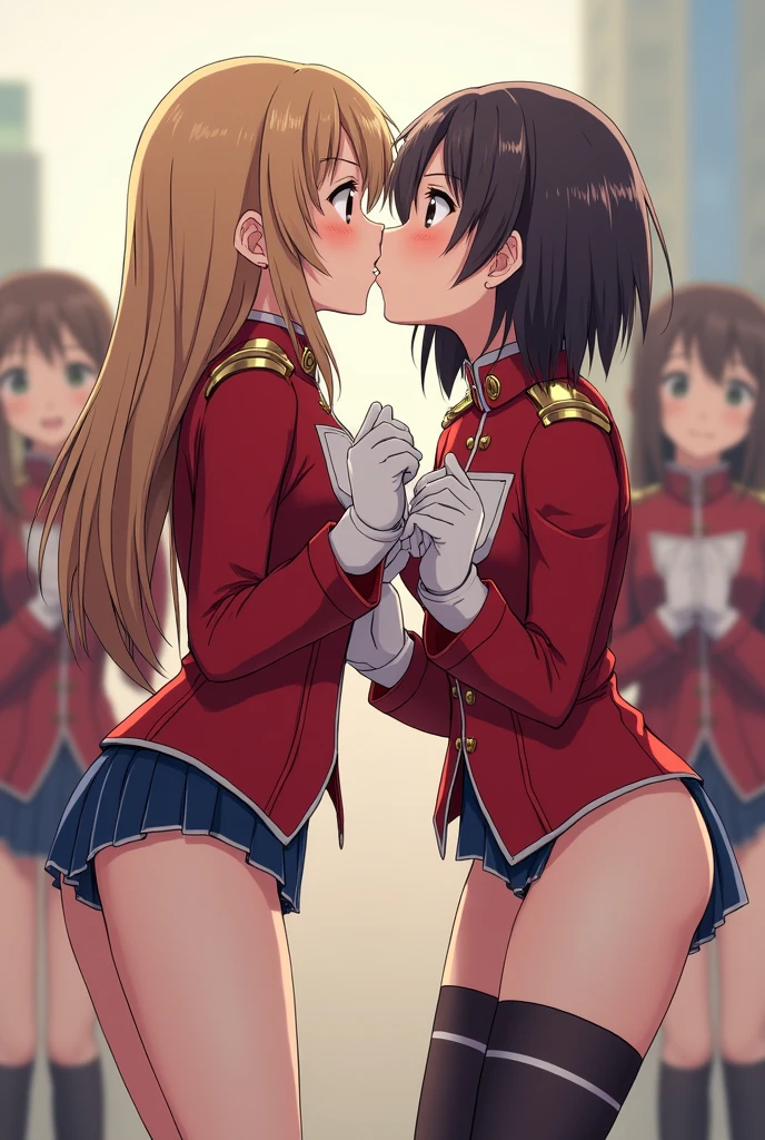 detailed picture of 4 extremely cute marching band girls kissing in short skirts showing panties