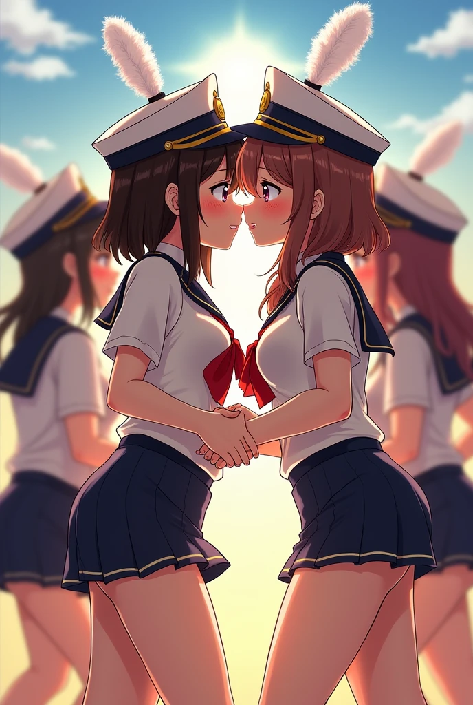 detailed picture of 4 extremely cute marching band girls kissing in short skirts showing panties