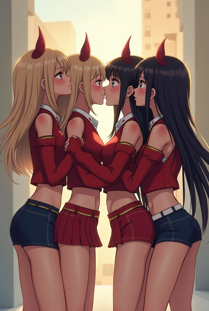 detailed picture of 4 extremely cute marching band girls kissing in short skirts showing panties