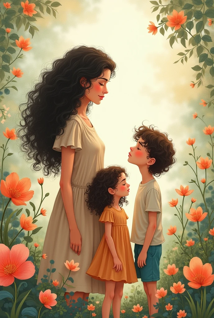 A slightly overweight white woman with curly black hair with two children a boy and a girl with curly brown hair,a is bigger than the boy and everyone has their eyes closed and looks contemplative. Poetic drawing,delicate with flowers magical environment