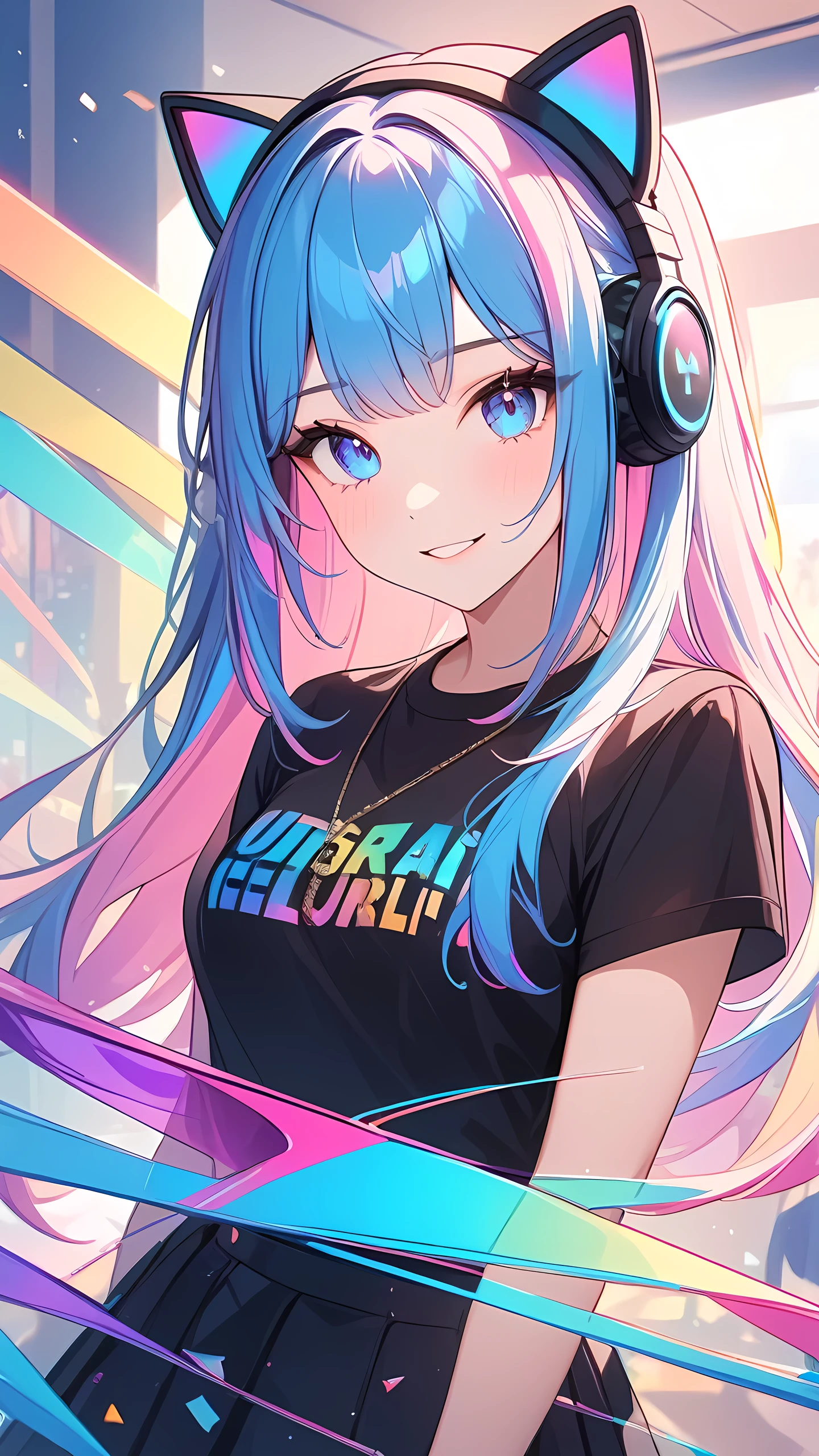 masterpiece,bestquality,superwideangle,fingeraudience,1girl, cat headphones,pinkandbluehair,hand,cuteanimeface,tears,masterpiece,transparentcolorPVCclothing,transparentcolorvinylclothing,wholebody,glitchlump}onface,smile,mediumhair,filmgrain,lens_flare,colorful,chromaticaberration,dynamicpov,closedmouth,Intenseemotionalexpression:death,glitchart,ultra-detailed,extremelydelicateandbeautiful,albumcover,album,albumdescription,Pixilationonface,Doubleexposure,ChromaticAberration,Lightleaks,Noiseandgrain,Colordegradation,Glitchlettering,art,abstractart,geometry,clearlines,squares,bright,limitedpalette,{canonicalcomposition},neatdiagonalstripedbackground,{{bluewithwhitestripedbackground}},{limitedpalette},flatcolored,blueandwhite,