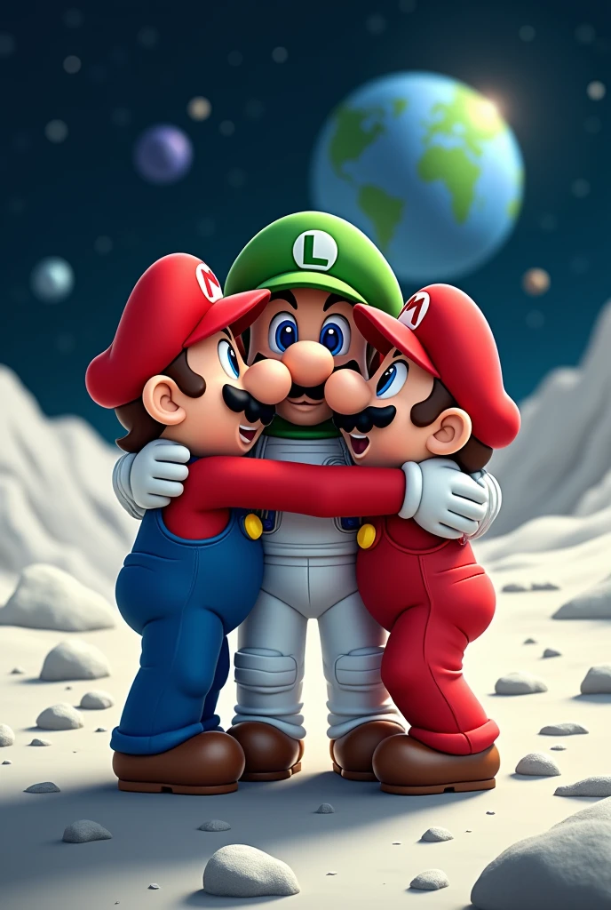 Mario Bros hugging a Brazilian astronaut on the moon