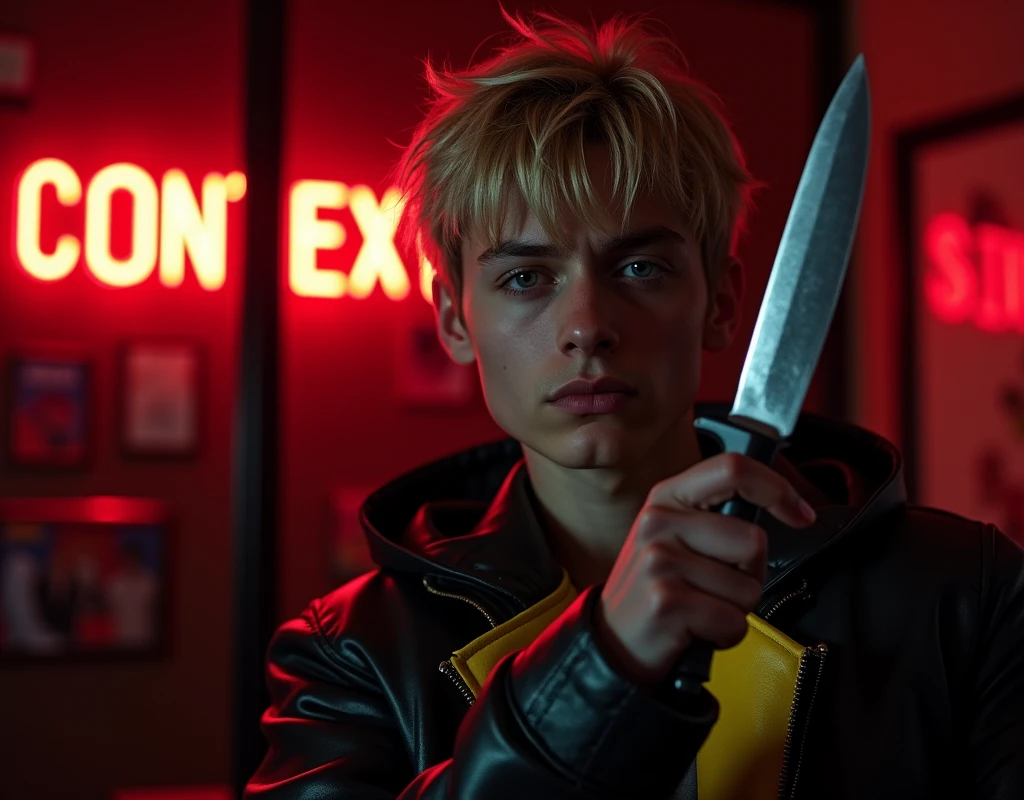 Hyper realistic, dark vibes, solo, young male fashion model, round face shape, 22 years, pale skin, blue eyes, (short textured blond hair:1.1), tussled fringe, black and yellow accented leather jacket, (holding a knife up:1.2), dark lighting, in luxury strip club room, (smirk:1.1), (neon sign in background that says "CONTEXT":1.1)
