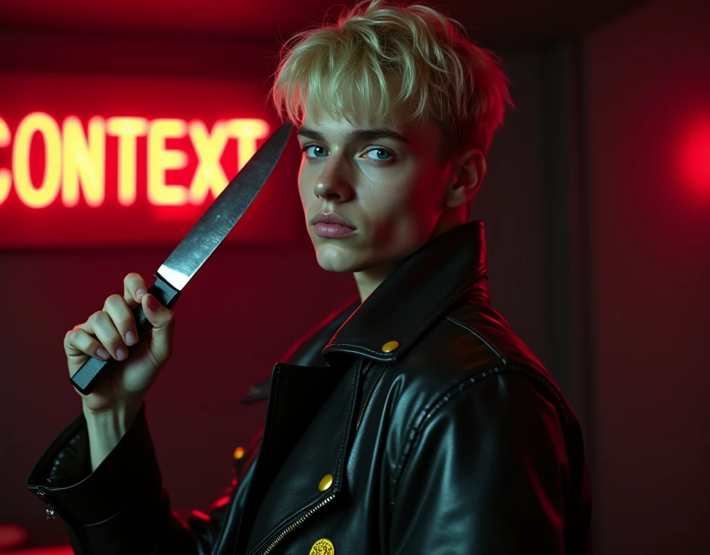 Hyper realistic, dark vibes, solo, young male fashion model, round face shape, 22 years, pale skin, blue eyes, (short textured blond hair:1.1), tussled fringe, black and yellow accented leather jacket, (holding a knife up:1.2), dark lighting, in luxury strip club room, (smirk:1.1), (neon sign in background that says "CONTEXT":1.1)
