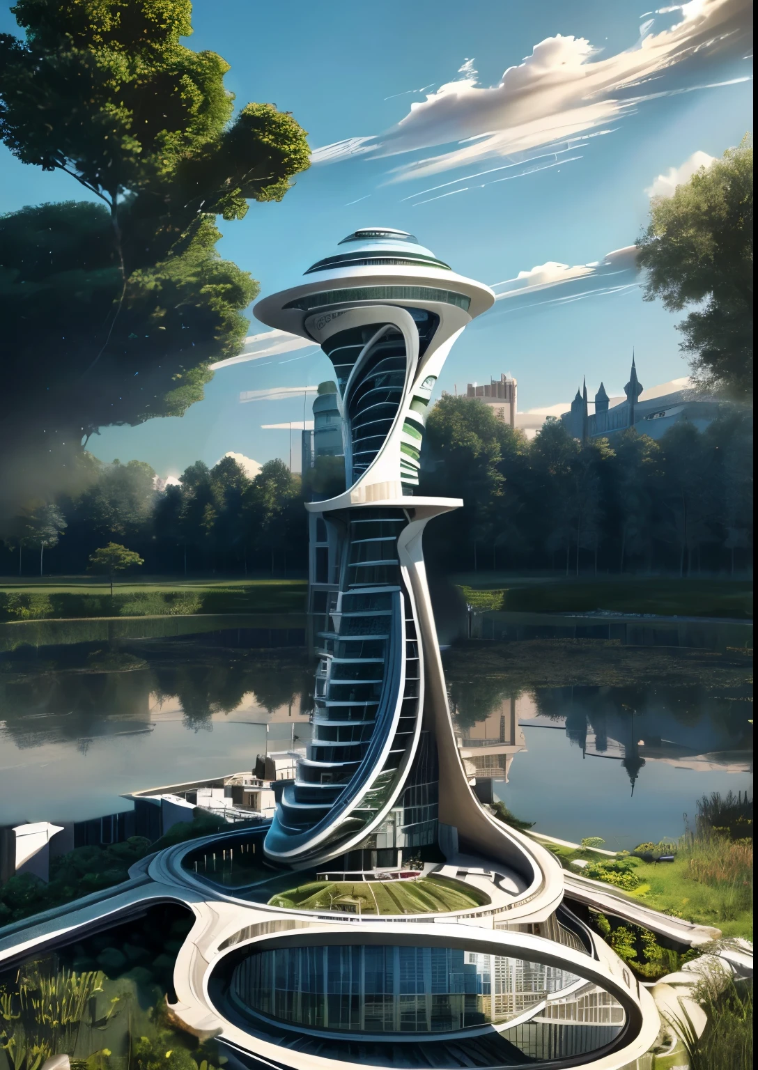 clear sky and smaller towers, small ponds