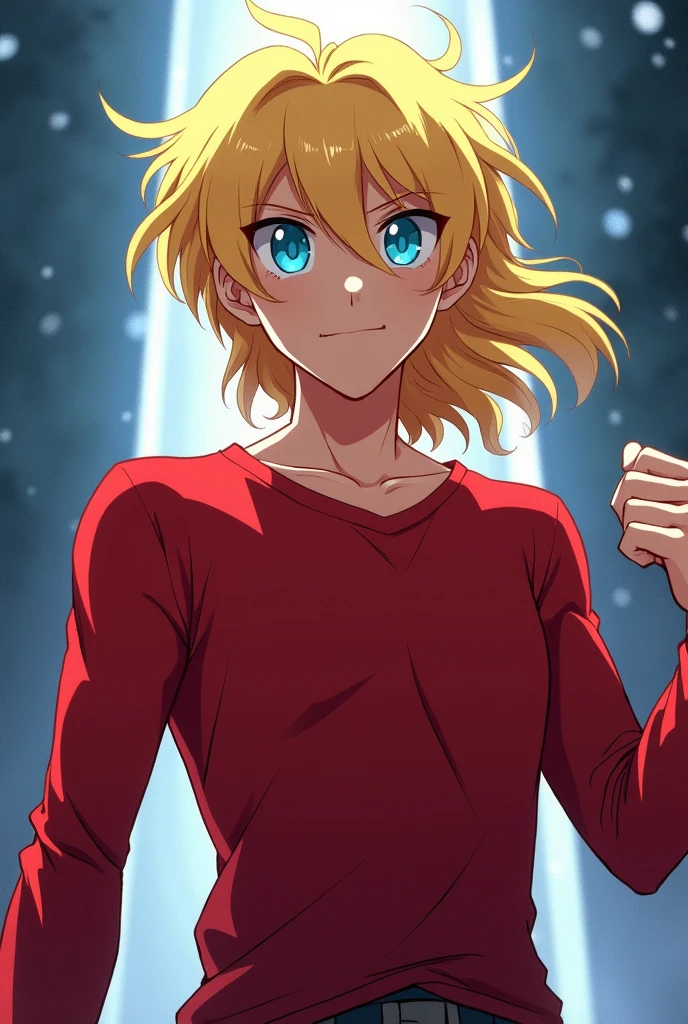 styled: アニメ, inspired by the Knights of the Zodiac.
body hair: blond, with a cut similar to Seiya's, but with a more pronounced tuft. The hair should have a slight upward movement., giving a more relaxed air.
eyeballs: blue, expressive and with an intense shine.
vestimentas:
Base: Red cotton t-shirt, tight-fitting and long-sleeved.