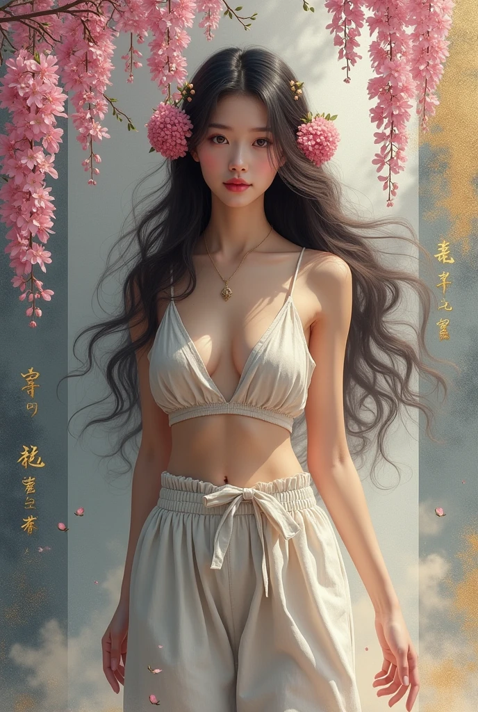 (photorealism:1.2), abstract light and shiny, gold and ink painting, full body view, long flowering curly hair adorned with flowers, Chinese beauty, halter top, large oversized linen pant, looking at viewer, Chinese kintsugi patterns, minimalist, under the wisteria flowers, abstract silver-Gray and gold  painting as background, gold kintsugi and splash effects, realistic textures.