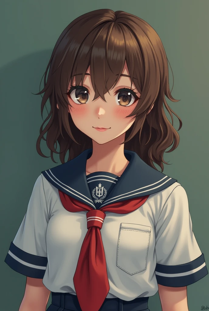 The girl is about 10 years old, has a lovely face, wears a uniform, huge breasts