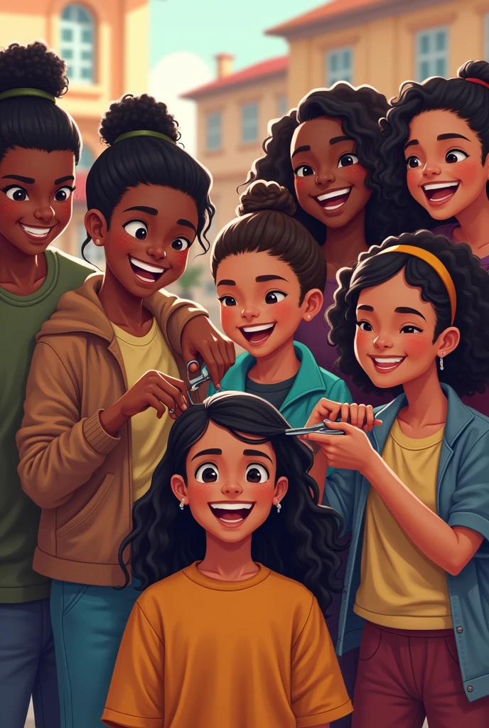 Sama-sama ang mga kabataan habang masayang ginugupitan ang kanilang mga buhok