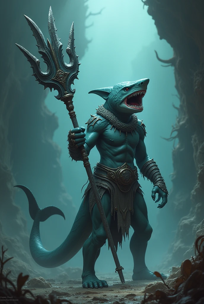 spear shaped like hydra heads being held by a humanoid shark