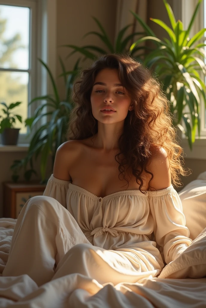 (photorealism:1.2), beautiful woman, sitting on bed, wearing loose off-shoulder top, pajama pants, long curly hair, indoors, soft lighting, plants in background, window with sunlight, cozy room, relaxed pose, realistic, intricate details, warm colors, by Greg Rutkowski, by Alphonse Mucha