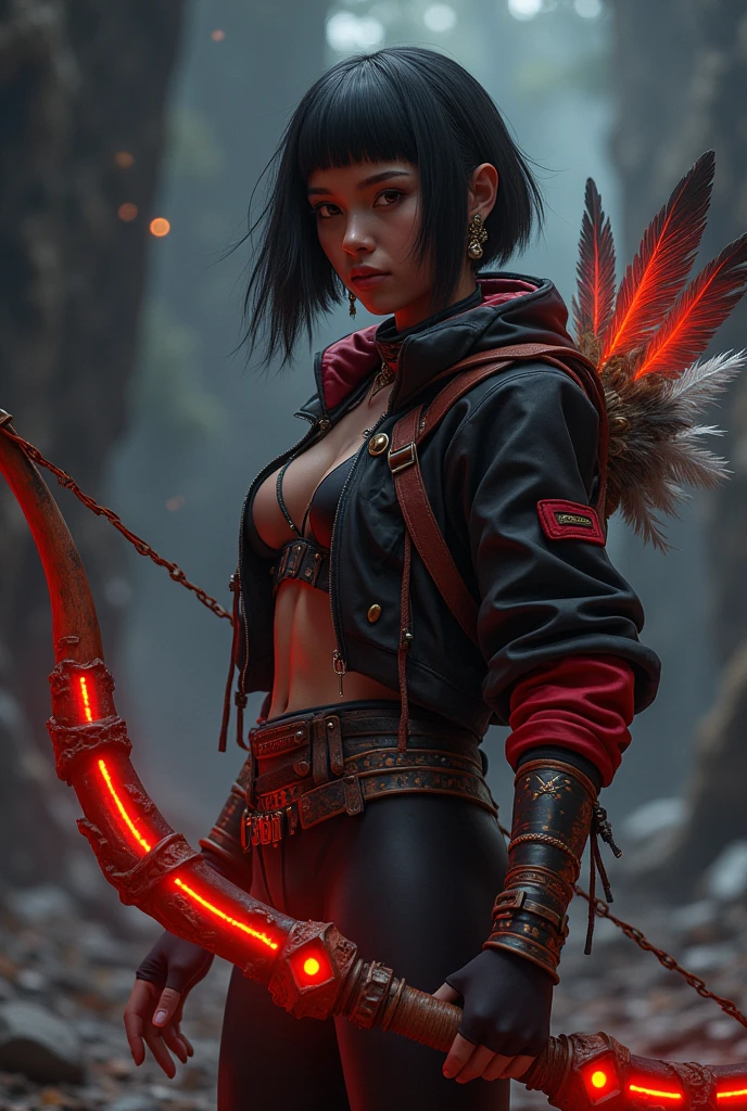 create a full body valorant game style art image, dark-skinned, indigenous traits, with straight short black hair, bangs and red highlights, light brown slanted eyes, with a feather earring and a wetsuit-like outfit and a black and red jacket with feathers, holding a bow with red LED and carved wood details