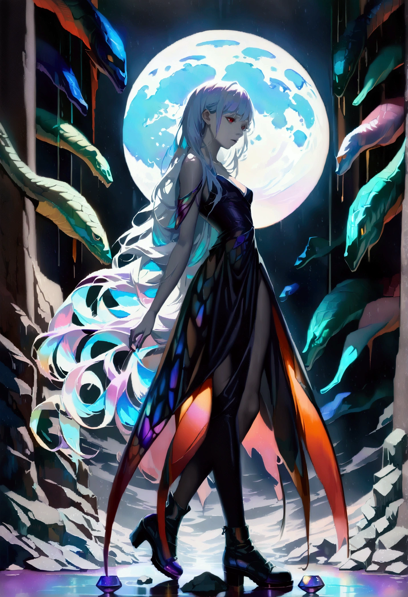 Girl with long white hair down to her waist, with small red details, red eyes, long black dress with a leg slit, with red details, long black boots up to below the knees, white skin, the ground around her is cracking and small stones are floating around her surrounded by a black aura, she is surrounded by shadows, and the background is dark like the night with the universe and stars, her presence causes fear, her shadow appears to be a monster, 8k, high quality, full body, (ultra-realistic), {extremely detailed 8k CG unit wallpaper}, expansive landscape photograph, (light: 2.0), (warm light source: 1.5), complex details, (iridescent colors: 1.5), (bright lighting), (atmospheric lighting), surreal, impressive, fantasy, (Solo: 1.2), White moon