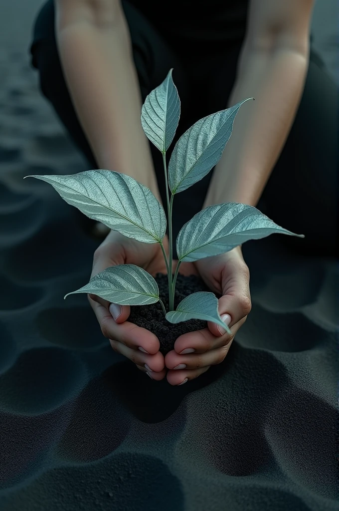 A person lifting a plant from the ground And the silver is green and the sand is black 