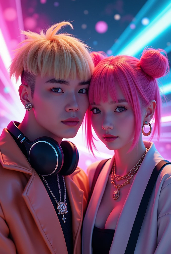 A layer of "IT'S NOT U IT'S ME" presents DJ Tyde West American male, hair blonde, bangs with shaved sides and friendly face, jacket and headphones, and Japanese singer Sakura Rina with pink hair in space buns. The vibrant and dynamic realistic image background