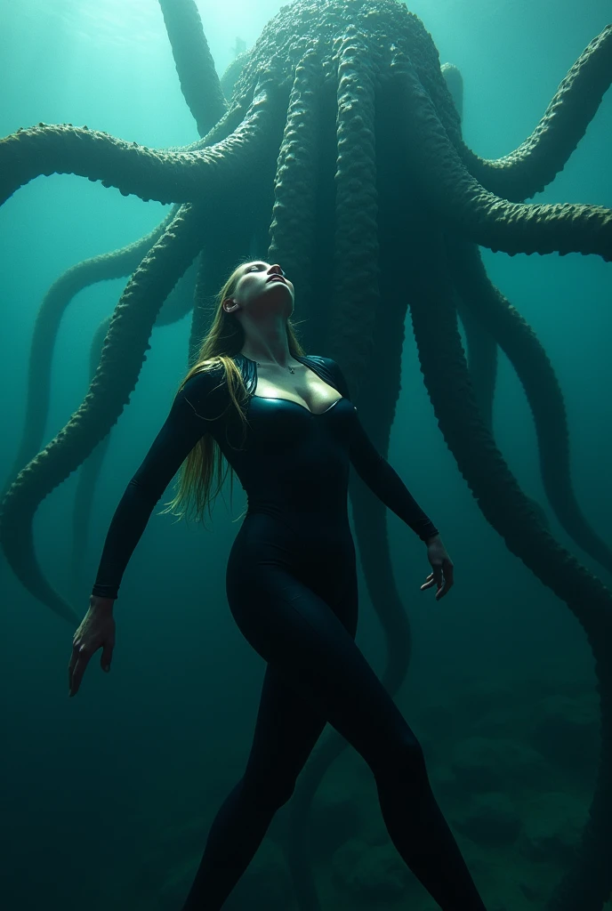 (high quality), (ultra quality), a woman wearing a tight wetsuit is attacked and bound by the tentacles of a giant sea monster, underwater, (under water), drowning, gasping for breath, suffocating, glossy wetsuit, horror, giant creature, scary monster, ((tentacle monster)), many tentacles, long tentacles, raped, abused, penetrated, bondage, captive, stuck underwater, struggling, anxious, scared, terrified, perfect body, large breasts, deep under water, alien creature, lovecraftian horror, tentacles wrapped around body, trapped