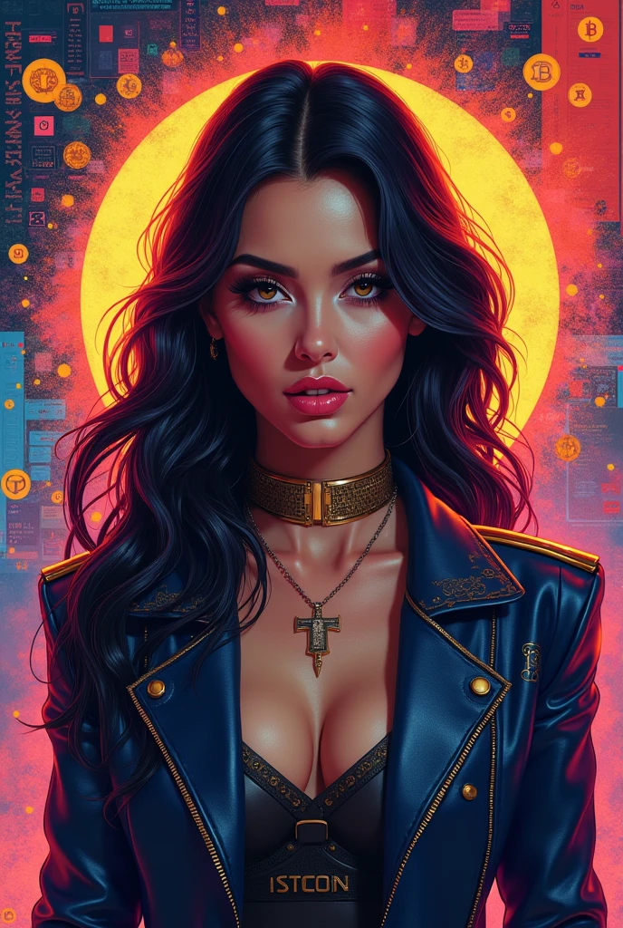 woman with bitcoin logo and cryptos