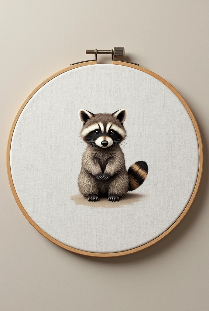 A captivating conceptual artwork showcases a minimalist embroidered design on a cotton-linen fabric. The intricate stitching brings to life a sweet and fluffy baby raccoon silhouette, framed by a simple yet sophisticated border. The muted colors and subtle tones accentuate the delicate details, while the 3D render adds depth and realism to the piece. The overall atmosphere is one of elegance and sophistication, transforming the fabric into a true work of art., photo, conceptual art, 3d render