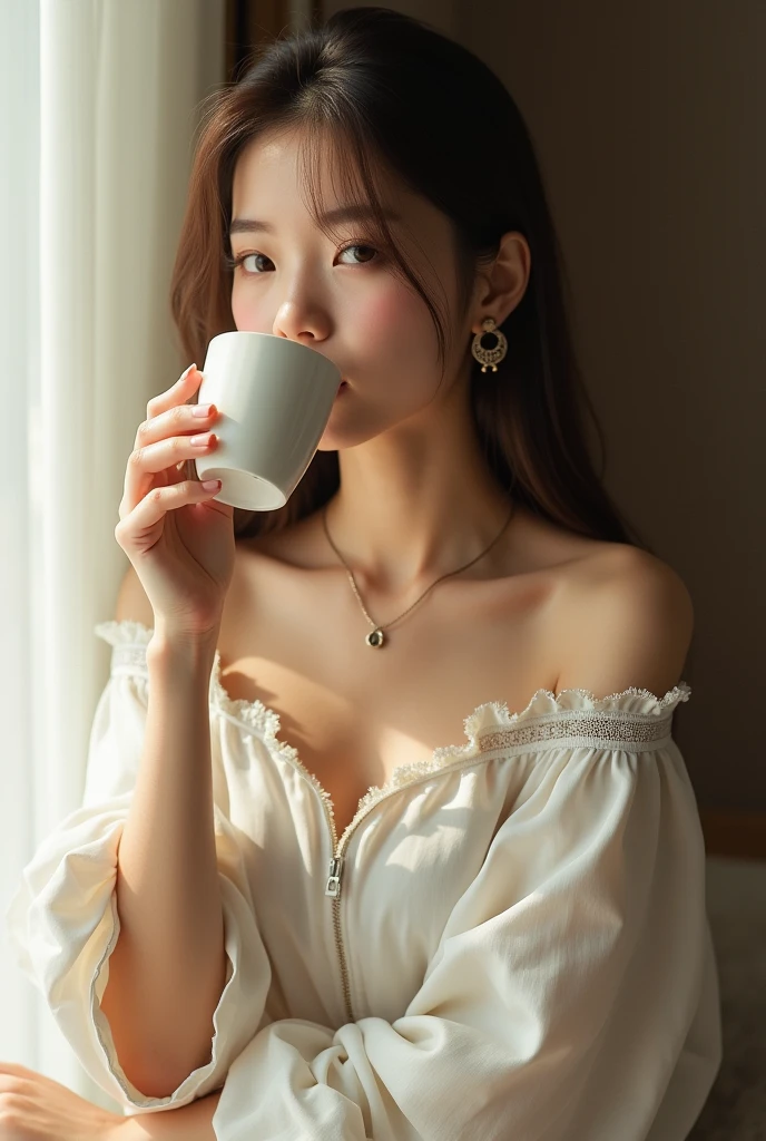 (Preserve face images), Golden Ratio、(((Drinking water from a cup)))、Pale face:1.3、Super thin face:1.3, (very big eyes:1.5)、 (blown eyes:1.5), master piece、8k, {highest quality}, {{masterpiece}}, {very delicate and beautiful}, outstanding light and shadow, highly detailed wallpaper, clear and bright sunlight, (((Full body))), 1 girl, blush、(薄い茶Farbeの髪), strong sunlight, ((a strong light shines on your face)), Farbe々A pose:1.5, necklace、ring、earrings、BREAK (( (Cozy Lounge), Oversized white crop top, mini skirt, ):1.3), (Dynamic Angle:1.4), (((Dynamic Pose))), (white fringe trim:1.4), ((bateau neck, collarbone):1.3), (sandals with heels:1.2) ,(Toothless smile:1,5), Photography studio background:1.5, no clothes, breast out, cum on tits