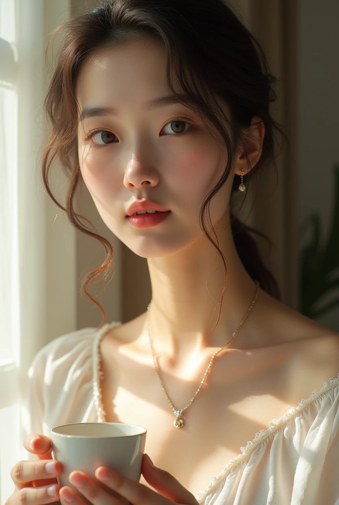 (Preserve face images), Golden Ratio、(((Drinking water from a cup)))、Pale face:1.3、Super thin face:1.3, (very big eyes:1.5)、 (blown eyes:1.5), master piece、8k, {highest quality}, {{masterpiece}}, {very delicate and beautiful}, outstanding light and shadow, highly detailed wallpaper, clear and bright sunlight, (((Full body))), 1 girl, blush、(薄い茶Farbeの髪), strong sunlight, ((a strong light shines on your face)), Farbe々A pose:1.5, necklace、ring、earrings、BREAK (( (Cozy Lounge), Oversized white crop top, mini skirt, ):1.3), (Dynamic Angle:1.4), (((Dynamic Pose))), (white fringe trim:1.4), ((bateau neck, collarbone):1.3), (sandals with heels:1.2) ,(Toothless smile:1,5), Photography studio background:1.5, no clothes, breast out, cum on tits