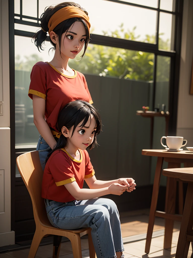 Pan, 1 girl, standing alone, ssmile, Red shirt, jeans, bandana, Bblack hair, sitting down,, (acclaimed, appealing, captivating, exciting, marvelous, impressive:1.3), (trends at CGSociety, trends on Pixiv, contest winner:1.3)