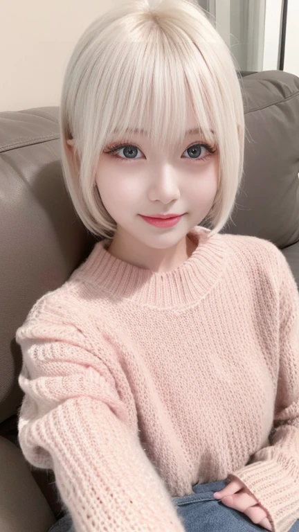 Best image quality、RAW photos、Ultra-high resolution、21 years old South Korean、、Dynamic Angle、Cowboy shooting、The most beautiful chaos、elegant、Brutalist design、Beautiful white hair、Vibrant colors、Short Bob、Smile、pleasure、Smile、Brightens skin、beautiful eyes of random colors、Thin lips、Beautiful eyes in every detail、long, Squinting、Light pink blush、long eyelashes、Beautiful double eyelids、Eyeshadow、Bright white hair、sofa、Large Summer Sweater、lie、full-body shot、full-body shotする