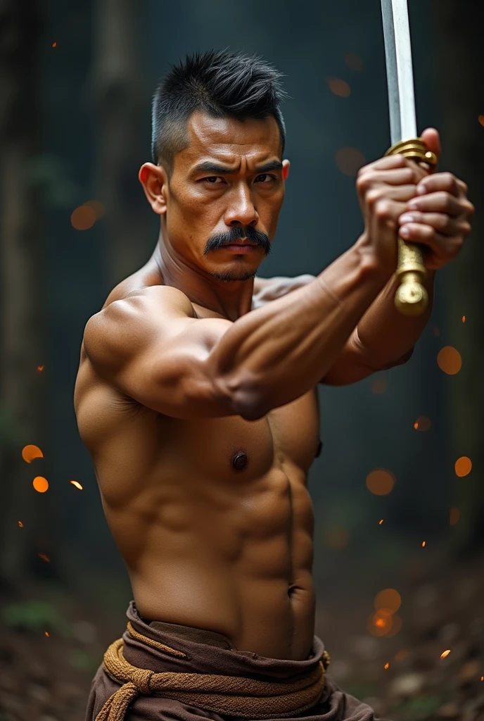 Portrait of a Thai man with short hair, beautiful mustache, very muscular, sweaty, holding a sword raised ready to fight, no shirt, Thai pants from the Ayutthaya period, clear light and shadow, action movie, war scene, sparks, HDR 4K