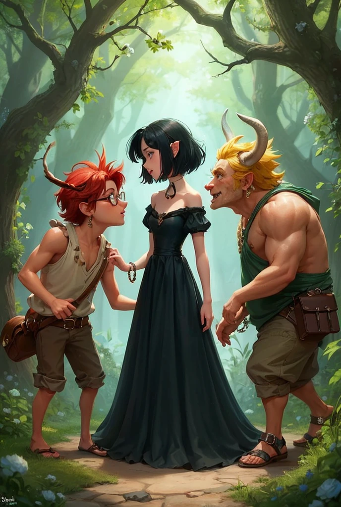 A princess with a black dress and short hair.
She is with three fun teenage ogres.
The first ogre is thin and has red hair and wears glasses..
The second ogre is muscular and bald The third is blond and very charming The princess and the three ogres were eating sweets
