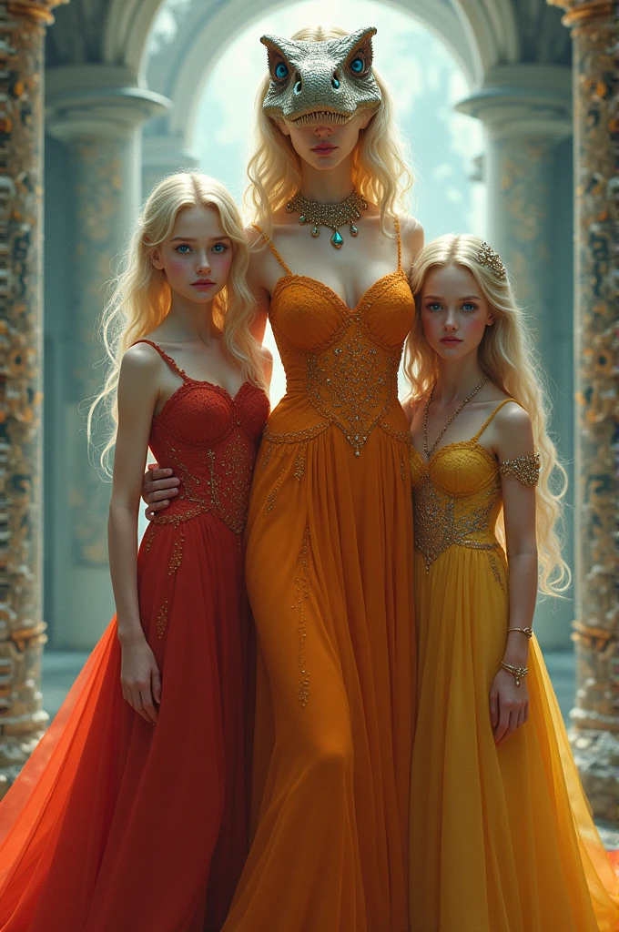 Trex blonde women with blue eyes one is a mother and the other two are daughters the mother is the queen and the daughters are princesses the youngest daughter wears a red dress the oldest daughter wears a dress Golden and the mother wears an orange dress