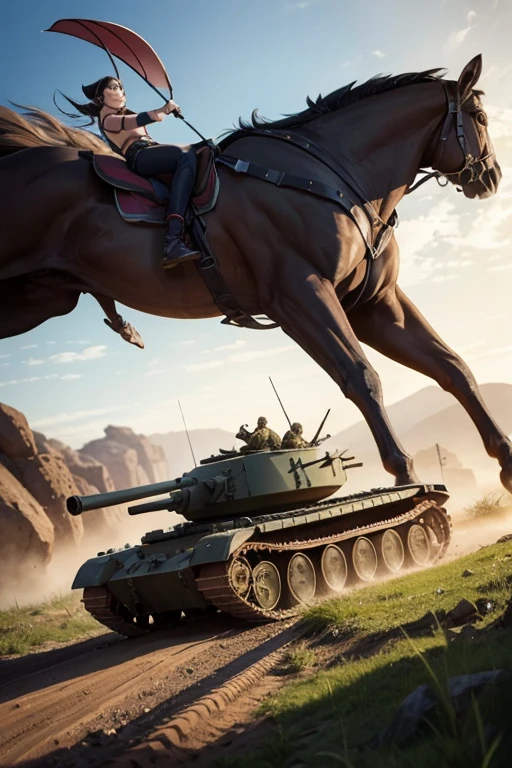Giant Tank、 Juri Han on tank, The soldiers riding grasshoppers will attack from the air.、Detailed and dynamic, Fantasy Art