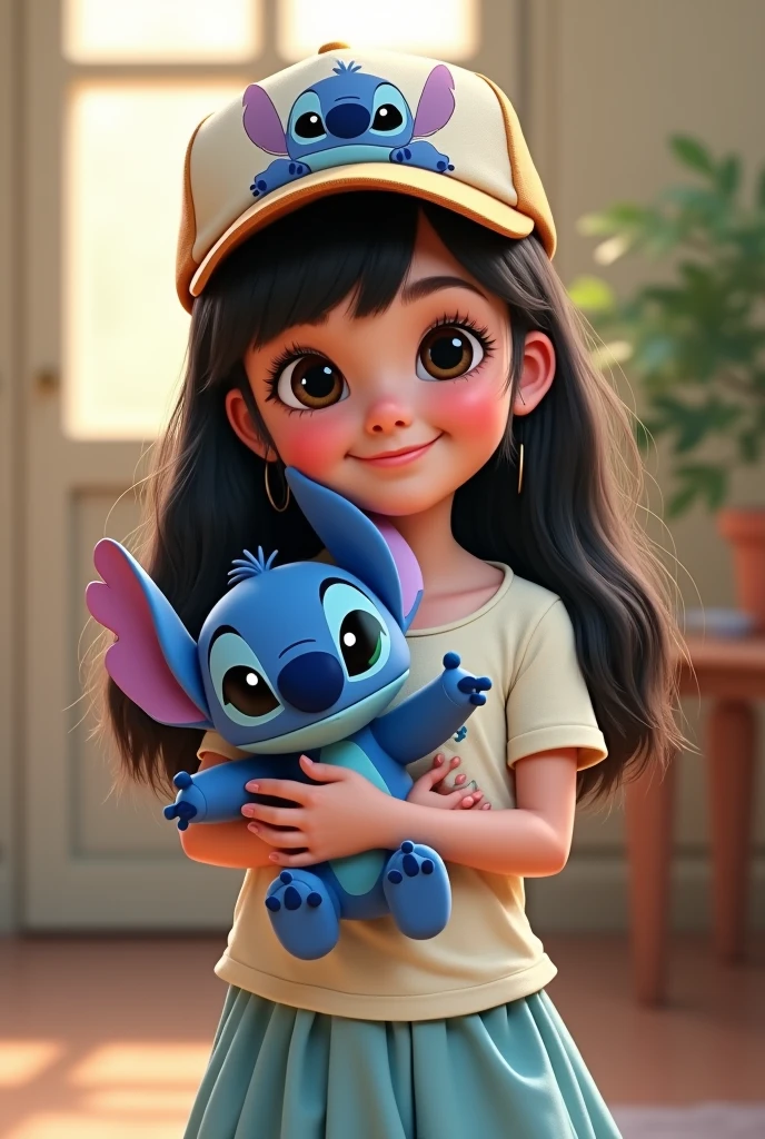 1 girl,  White skin, with a stitch cap, long hair with fringe, a stitch t-shirt, a light blue skirt, and a stitch doll in his hand