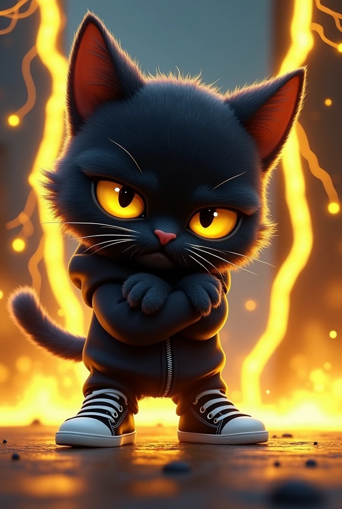 Create game character of a cute chibi-style black cat with yellow eyes in a lightning element theme, rendered in a Disney Pixar 3D art style. The cat should be in a jump pose, frowning with arms crossed in front, wearing a black sweatshirt hoodie with matching black sneakers. The background should include a vibrant and dynamic scene with electric sparks, lightning bolts, and a neon black and yellow color scheme.
