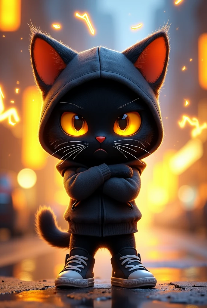 Create game character of a cute chibi-style black cat with yellow eyes in a lightning element theme, rendered in a Disney Pixar 3D art style. The cat should be in a jump pose, frowning with arms crossed in front, wearing a black sweatshirt hoodie with matching black sneakers. The background should include a vibrant and dynamic scene with electric sparks, lightning bolts, and a neon black and yellow color scheme.
