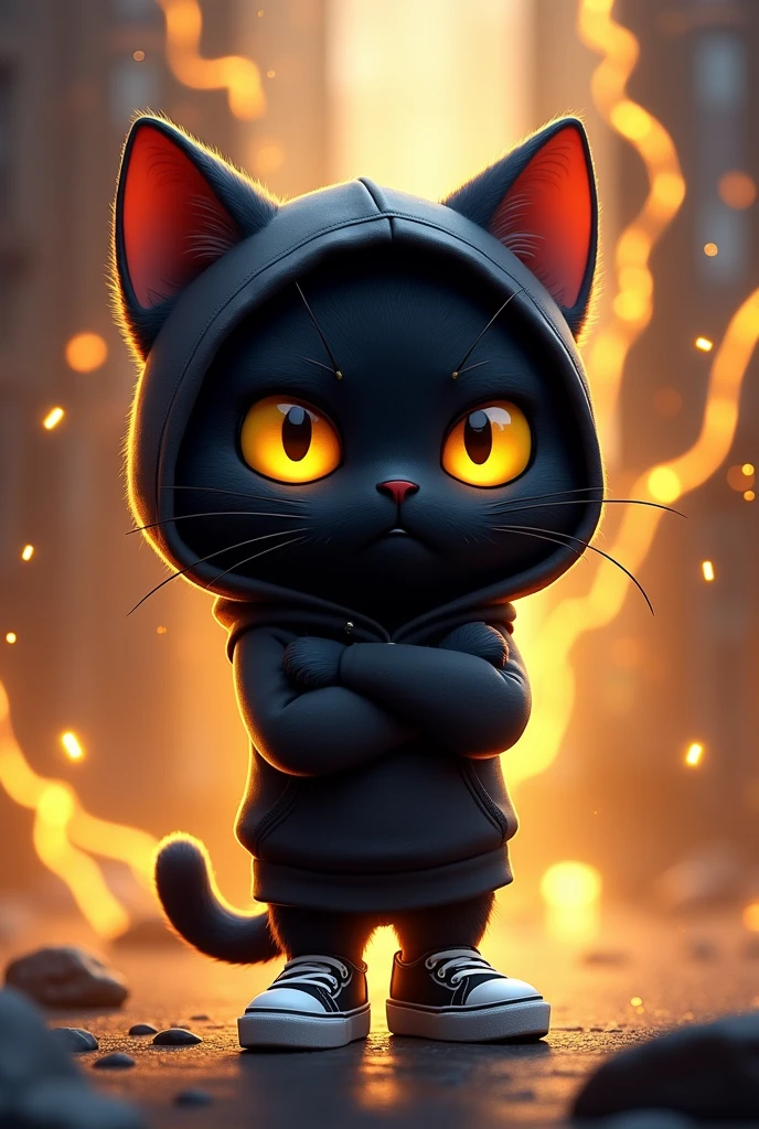 Create game character of a cute chibi-style black cat with yellow eyes in a lightning element theme, rendered in a Disney Pixar 3D art style. The cat should be in a jump pose, frowning with arms crossed in front, wearing a black sweatshirt hoodie with matching black sneakers. The background should include a vibrant and dynamic scene with electric sparks, lightning bolts, and a neon black and yellow color scheme.
