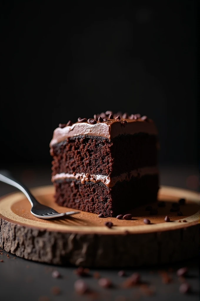 cinematic film still chocolate, chocolate cake, dark background, quality photo, moist texture, frosting, studio photo, slice . shallow depth of field, vignette, highly detailed, high budget, bokeh, cinemascope, moody, epic, gorgeous, film grain, grainy