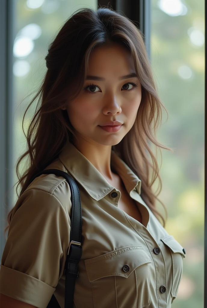 The girl, has a lovely face, wears a uniform, huge breasts