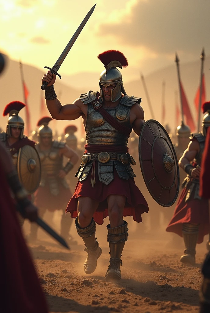 imageio: An epic battlefield, with the gladiator Spartacus in the center of the scene. Spartacus is portrayed as a muscular and determined man, wearing gladiator armor, including a leather breastplate, gladiator sandals and a crested helmet. He is brandishing a sword in one hand and a shield in the other., with a fierce expression on his face. Around her, Roman soldiers are attacking, dressed in their traditional armor, including oval shields and helmets with plumes. The scene is intense, with dust rising from the ground, highlighting the violence of combat. The background shows a scenery of hills or battlefields, with the presence of Roman standards and perhaps a glimpse of a Roman camp in the distance. The sunlight is low, suggesting a fight at dawn or dusk, adding drama to the scene.
