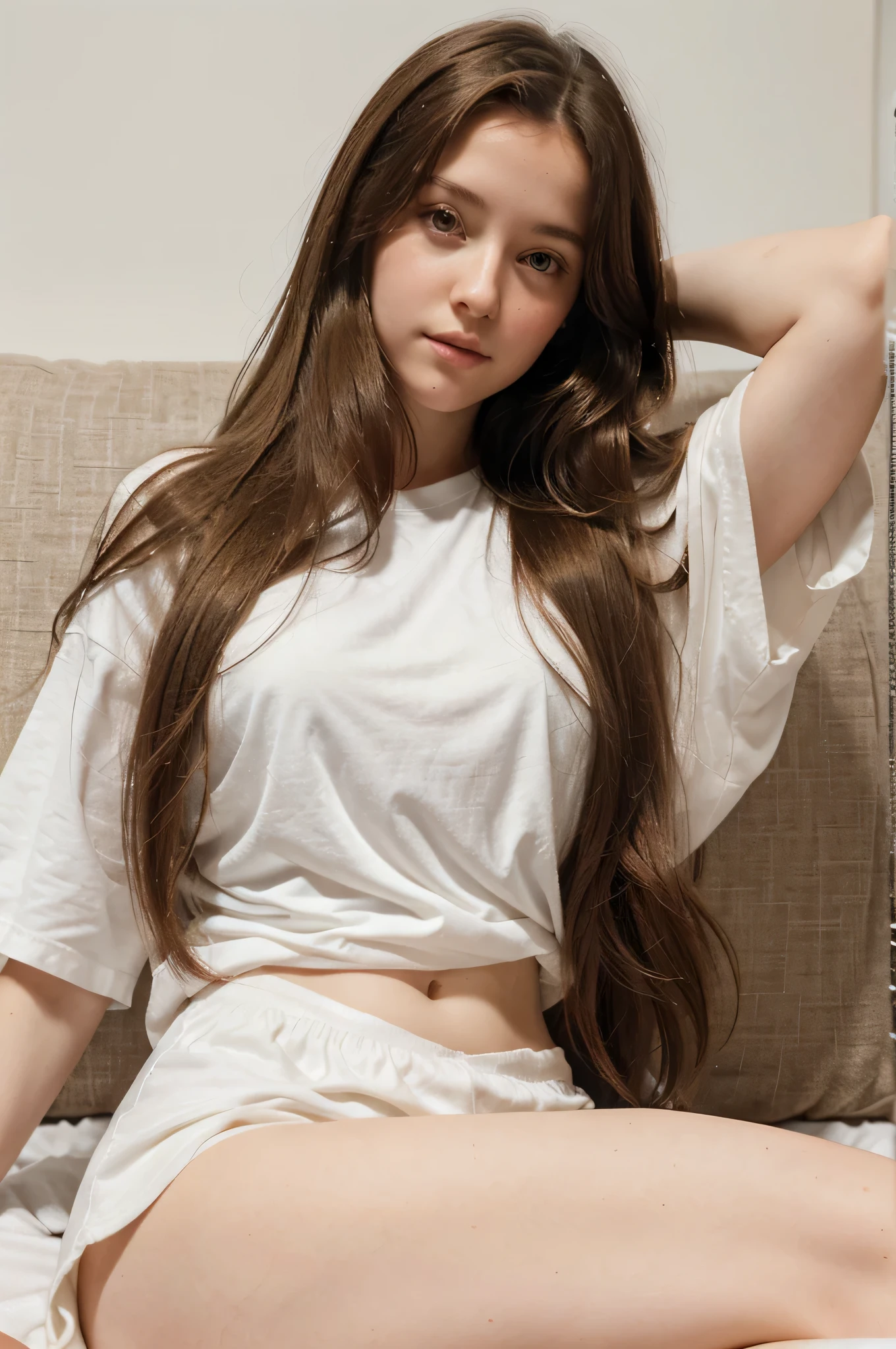 Clara nova has long brown hair. she is eurpean girl. she has very white skin.more realism skin as white as milk. show your full body.she is wearing long tshirt. she is laying soffa