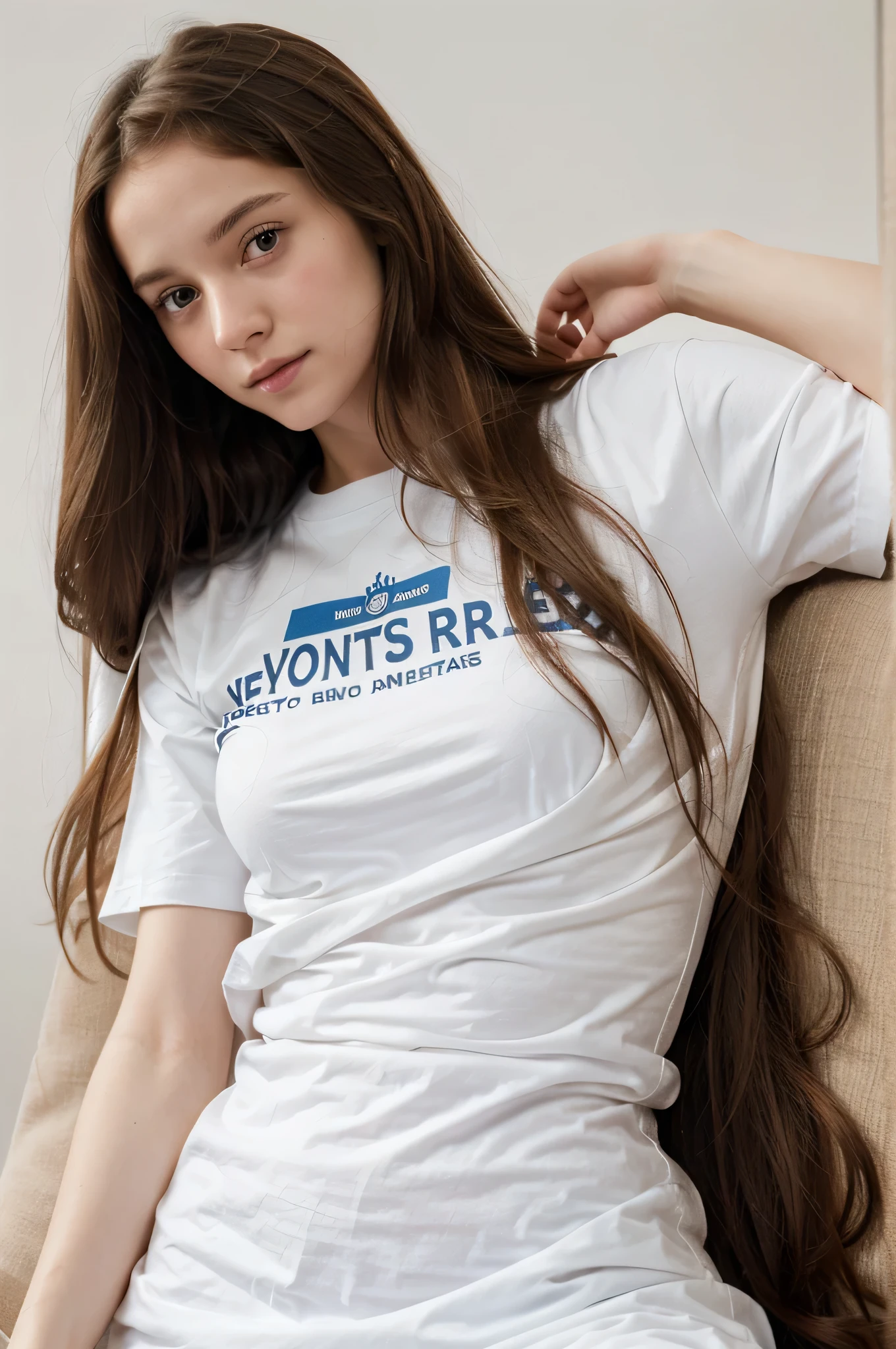 Clara nova has long brown hair. she is eurpean girl. she has very white skin.more realism skin as white as milk. show your full body.she is wearing long tshirt. she is laying soffa