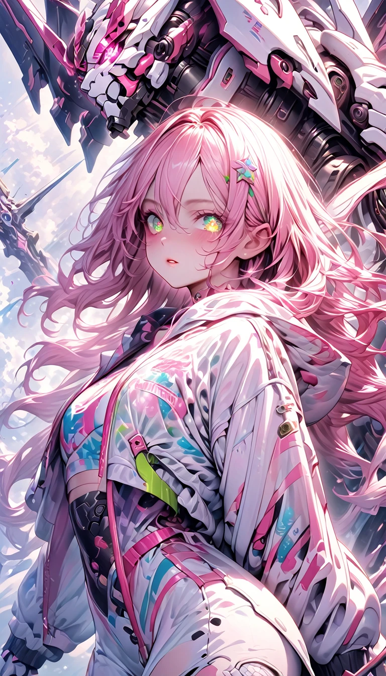 ((masterpiece))) whole body, whole body Shot (One Girl) ((Pink Hair, Long Hair, Straight hair, Both sides up))), ((Green Eyes))), eye shadow, eyeliner, Glow Eye, Hyper Detail Eye, Complex eyes, Beautiful Eyes, Detailed eyes, (((Star-shaped pupils, Shining pink eyes))) 18-year-old girl. (Wearing a transparent PVC jacket)) huge cool weapon mechanical in hand, huge cool weapon mechanical, Mecha, Mechaanism, mechanical, Open Stance, Coalesce(Realistic skin texture:1.3), rtrophto1