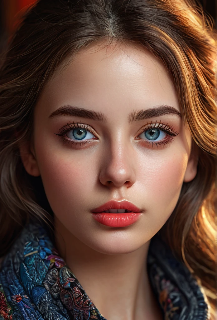 A detailed, realistic, high-quality portrait of a young woman with beautiful, detailed eyes, a beautiful, detailed nose, and beautiful, detailed lips, wearing a stylish outfit, in a photorealistic, masterpiece-quality illustration, with vivid colors, HDR lighting, and a cinematic, moody atmosphere, with a focus on photographic realism and intricate details.