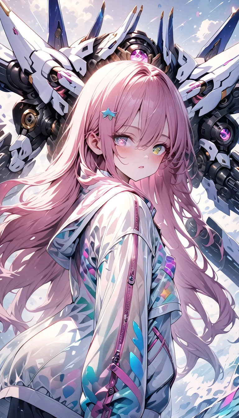 ((masterpiece))) whole body, whole body Shot (One Girl) ((Pink Hair, Long Hair, Straight hair, Both sides up))), ((Green Eyes))), eye shadow, eyeliner, Glow Eye, Hyper Detail Eye, Complex eyes, Beautiful Eyes, Detailed eyes, (((Star-shaped pupils, Shining pink eyes))) 18-year-old girl. (Wearing a transparent PVC jacket)) huge cool weapon mechanical in hand, huge cool weapon mechanical, Mecha, Mechaanism, mechanical, Open Stance, Coalesce(Realistic skin texture:1.3), rtrophto1