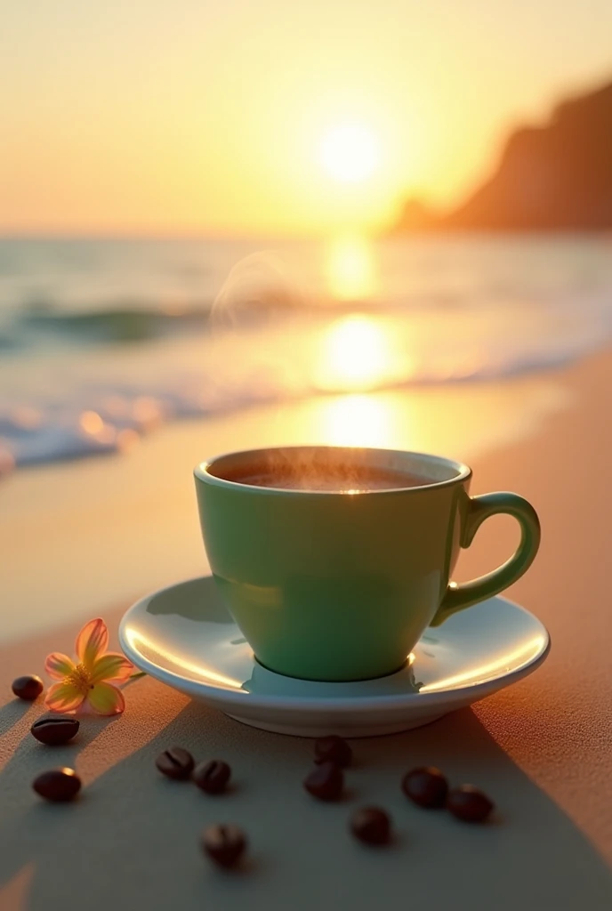 Small Green cup of coffee plate sunrise beach coffee beans flower